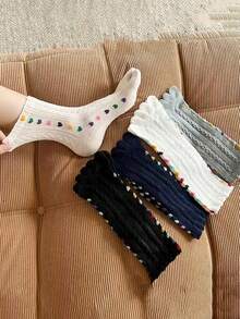 3/5双装女士时尚蕾丝爱心印花五趾过膝袜，透气吸汗，秋冬款式