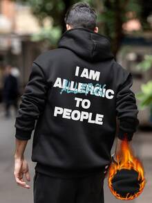 Zrgoth 男士休闲标语印花宽松袋鼠口袋连帽衫，秋冬款 - 黑色 - 查看 2