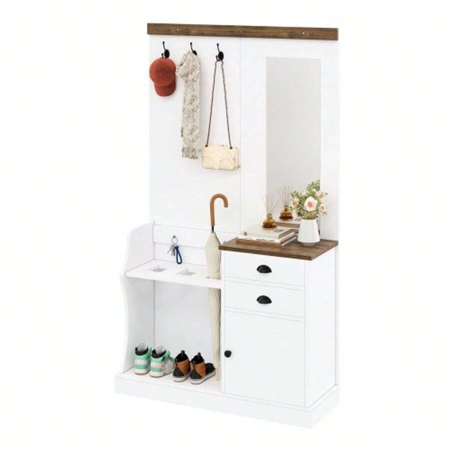 Wardrobe Set With Mirror, Hooks, Drawers And Umbrella Stand. - 白色 - 查看 1