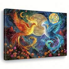 1pc, Enchanting Phoenix Canvas Wall Art Print – Mythical Fire & Ice Birds Under Dual Moon Sky – Vibrant Fantasy Decor For Living Room, Bedroom, Office, Dining Room & Beyond – Mystical Avian Artwork. - 彩色 - 查看 1