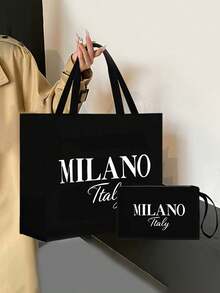 两件套亚麻手提袋，包含一个印有“意大利米兰”字样的手提袋和一个字母花卉图案的小手提袋，可定制礼品包装，适合婚礼、生日、海滩、节日等场合，是送给女性、母亲、教师、朋友、伴娘、学生和返校季的完美礼物。 - 彩色 - 查看 6