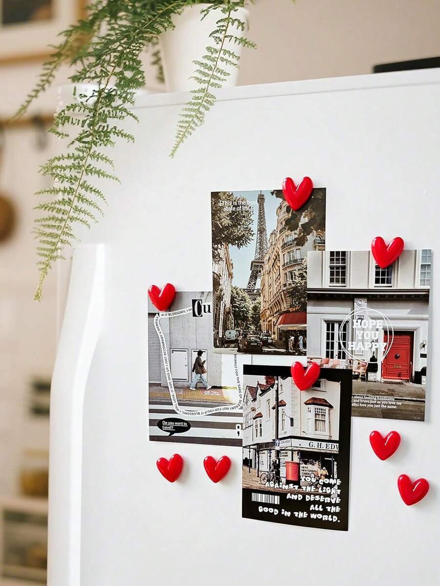 12pcs Modern Heart-Shaped Refrigerator Magnets, Red & White Valentine's Day Stickers, Durable Decorative Magnets, Suitable For Home & Kitchen Organization, Strong Adhesive - Red - View 1