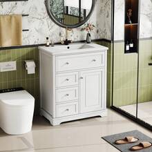 Mobiletto da bagno indipendente 76x46x87cm con lavabo, mobiletto, laccato resistente all'umidità, guide per cassetti con chiusura ammortizzata, ripiani per ante, cassetto estraibile, superficie del ripiano regolabile, grigio - Bianco + Ceramica + MDF - Visualizzare 5