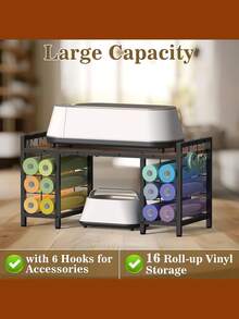 All-in-One Lagerlösung Werkzeugtisch – Ober/Mittelablage für Cutter/Heizpresse, 12 Vinylrollen ,6 Seitenhaken, Holz-Metall, Stylisches Braun