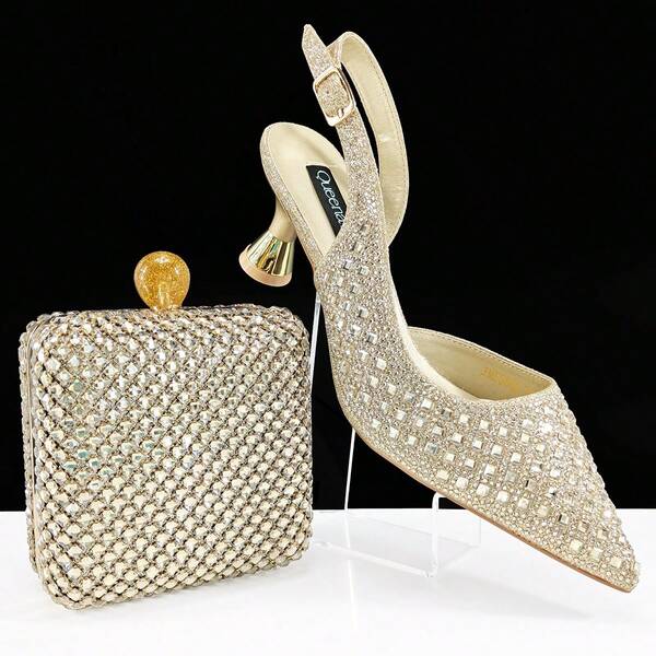 Conjunto de Salto Alto de Bico Fino e Bolsa de Moda Minimalista da QueenYan, Adornado com Cristal Quadrado, Bolsa Quadrada Compacta e Elegante, Adequado para Banquete, Festa e Uso Diário