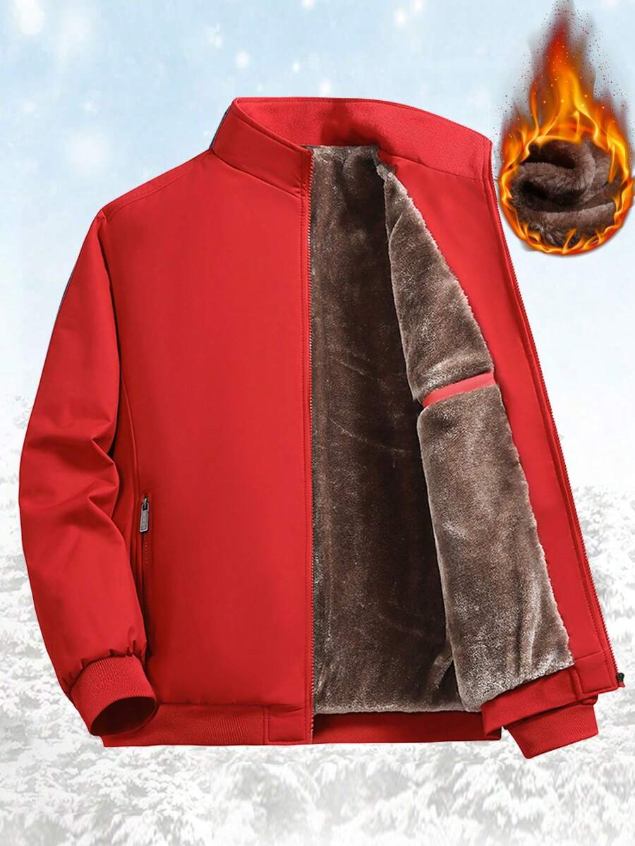 Men's Thick Jacket With Thermal Lined And Zipper, Winter - Red - View 1