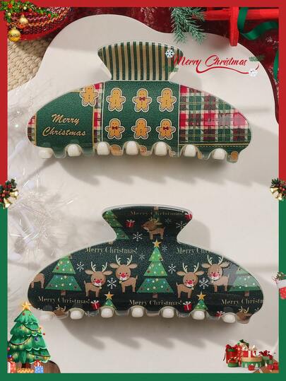2pcs/Set Christmas Party Series Green System, Christmas Tree & Gingerbread Man Plaid Print Semi-Circular Hair Clips, Festive Atmosphere Holiday Hair Accessories Claw Clips Winter Hair Claw