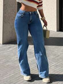Jeans rectos casuales básicos con bolsillo incorporado para mujer - Azul lavado oscuro - Ver 1