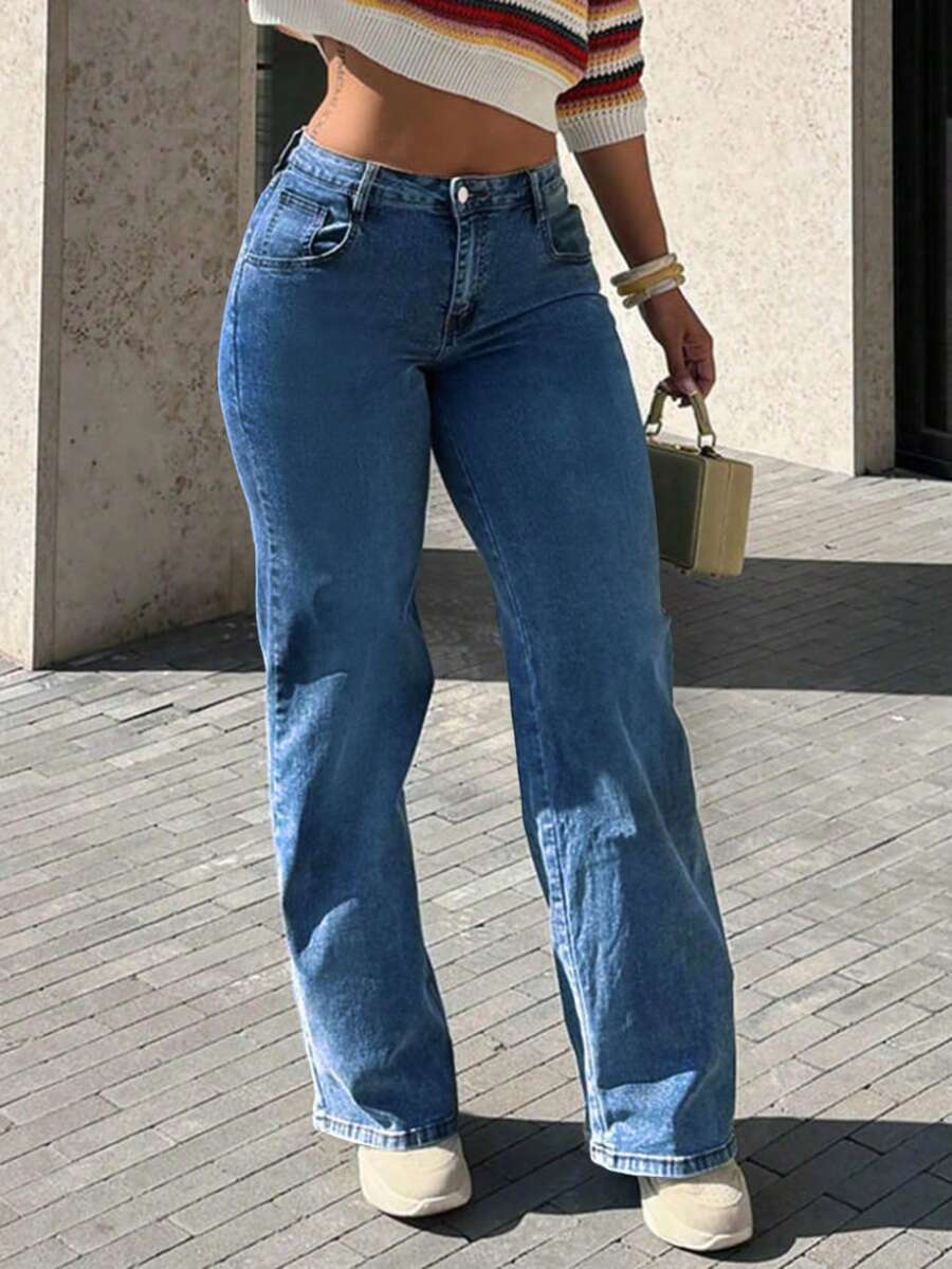 Jeans rectos casuales básicos con bolsillo incorporado para mujer - Azul lavado oscuro - Ver 1