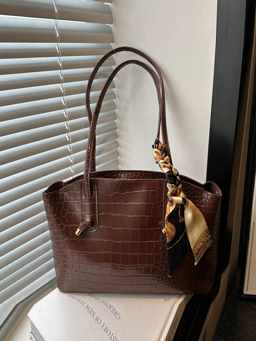 Fashionable Retro Crocodile Grain Scarf Decor Shoulder Tote Bag, Suitable For Women's Work Commute, Travel, Shopping - Coffee - View 1