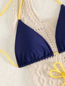 Conjunto de bikini sexy con top halter trenzado para mujer, traje de baño de dos piezas para playa, vacaciones, campamento de verano - Azul Marino - Ver 5