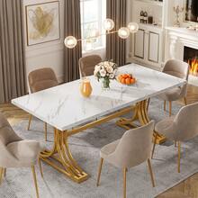 LITTLE TREE 63-Inch Rectangular Dining Table For 4 To 6, Modern Kitchen Table With Stylish Metal Trestle Legs, Large Dinner Table For Dining Room, Chair Not Included - White and Gold - View 6