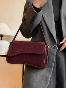 1个女士纯色PU时尚腋下包，多功能单肩包 - 酒紅色 - 查看 4