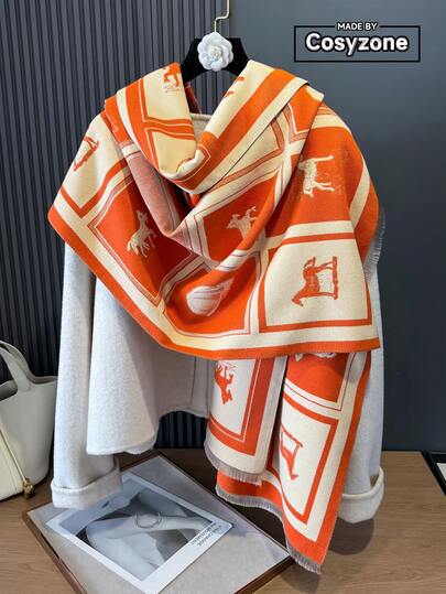 1pc Faux Cashmere Minimalist Horse Pattern Jacquard Warm Scarf, Suitable For Women, Air-Conditioned Room, Autumn/Winter, Fashion, Versatile, Neck Warmer, Travel, Decorative Shawl, Dual-Use, Ideal Gift