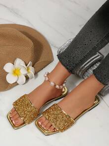 Sandale fără mâneci cu strasuri, pentru femei, ușoare, antiderapante, ținute casual de plajă, potrivite pentru mărimi mari, papuci de vară la modă cu sclipici - Aur - Vizualizare 2