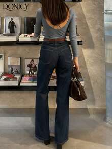 DONICY Einfarbiges, rückenfreies Langarm-T-Shirt für Damen mit tiefem V-Ausschnitt, Basic-Oberteil aus weichem und bequemem Stoff, schmale Passform und schmeichelhaft, vielseitig für Frühlings-/Herbstanlässe wie Ausflüge, Verabredungen, zwanglose Zusammenkünfte, Lagenlook, lässiges Business und Loungewear.