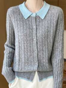 Women Cardigans - Gray Blue Collar - View 6