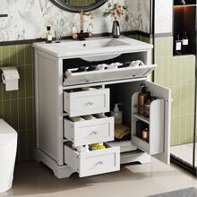 Mobiletto da bagno indipendente 76x46x87cm con lavabo, mobiletto, laccato resistente all'umidità, guide per cassetti con chiusura ammortizzata, ripiani per ante, cassetto estraibile, superficie del ripiano regolabile, grigio - Bianco + Ceramica + MDF - Visualizzare 1