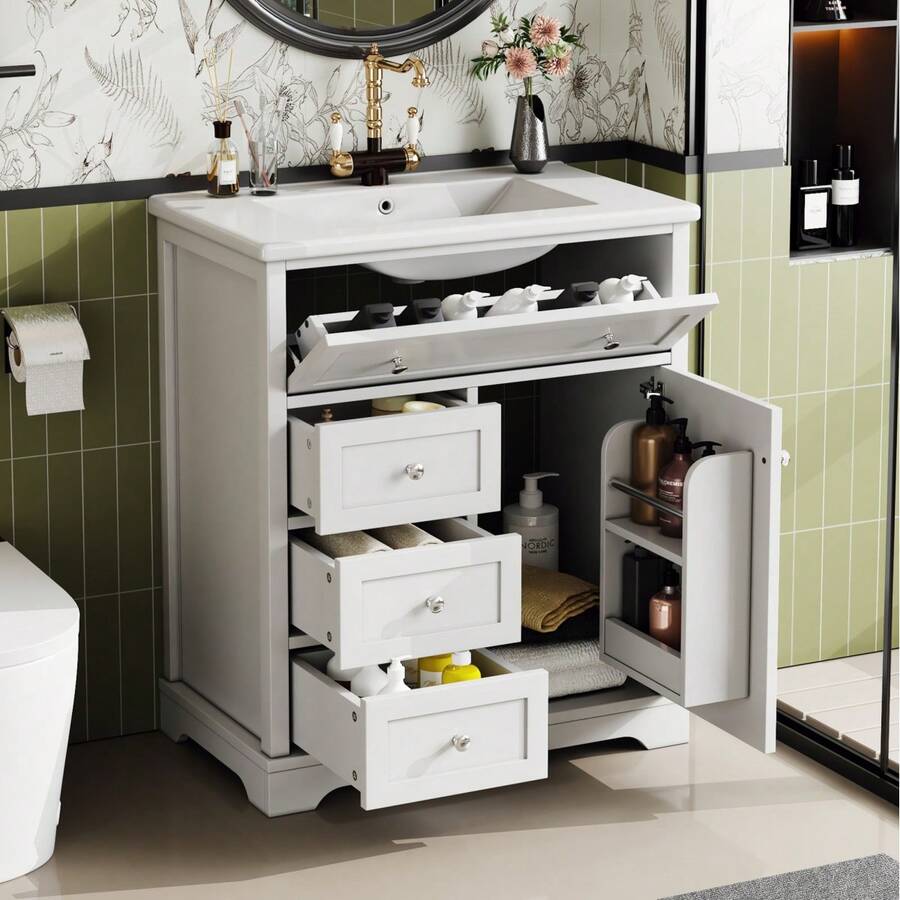 Mobiletto da bagno indipendente 76x46x87cm con lavabo, mobiletto, laccato resistente all'umidità, guide per cassetti con chiusura ammortizzata, ripiani per ante, cassetto estraibile, superficie del ripiano regolabile, grigio - Bianco + Ceramica + MDF - Visualizzare 1