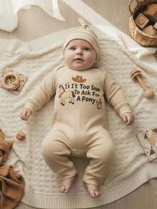 Baby Boy Jumpsuit And Hat Set Long Sleeve Letter Print Romper With Cap Newborn Western Outfit - Beige - View 5