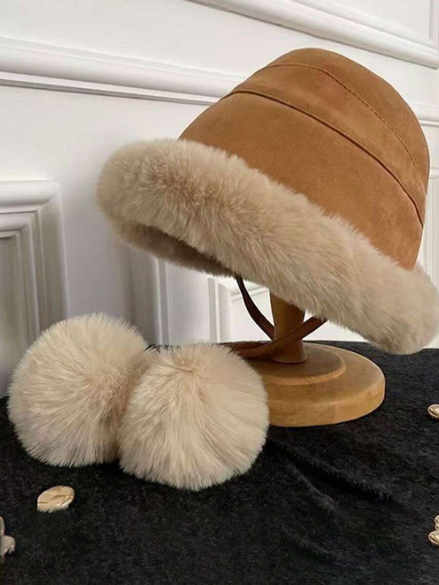 Plush Bucket Hat, Thick Winter Bucket Hat, Windproof, Versatile, Cute, Warm Ear Protection Winter Gear - Multicolor - View 1
