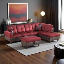 Crimson Flannel & PVC 3-Piece Sofa Set With Storage Ottoman | [2 Options]2 Purchase Options: Complete Set With 2 Pillows Or Ottoman Only, Contemporary Sectional Couch With Solid Wood Frame, Easy Assembly - 紅色 - 查看 11