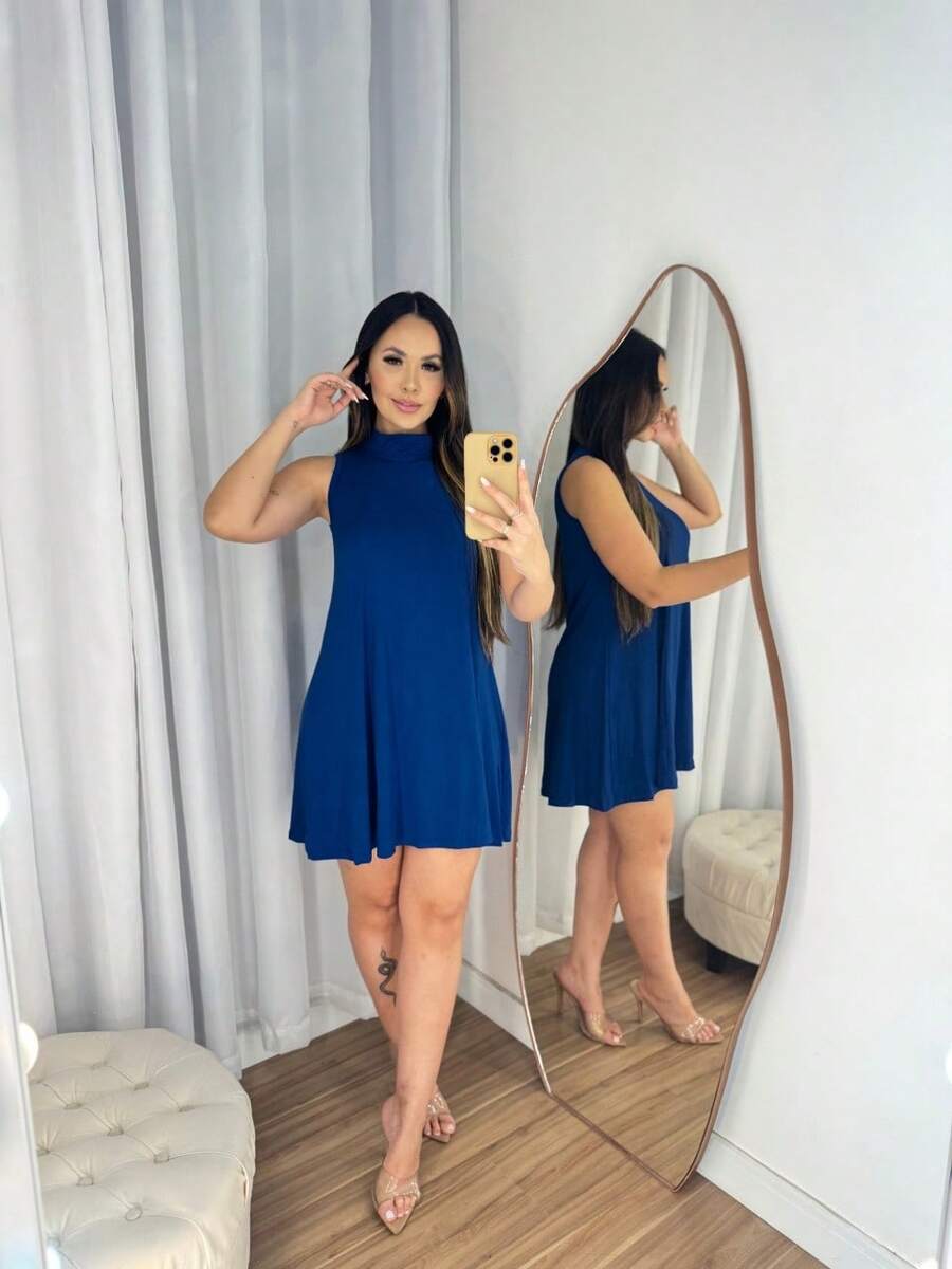 Vestido Básico Gola Alta Vestido Casual Dia A Dia Vestido Gringa - Azul Marinho - Visão 1
