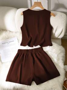 2件套纯色休闲打结女装，春夏 - 紅色 - 查看 2