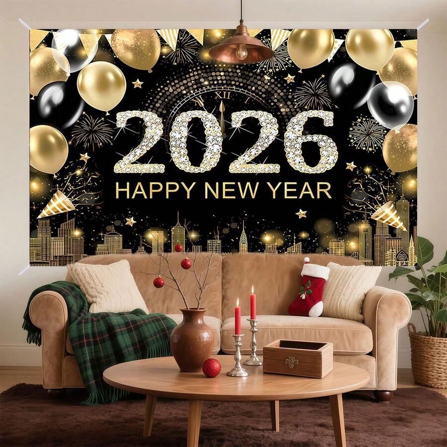 1 件金色 2026 新年快乐背景 7x5 英尺 - 闪闪发光的烟花和气球装饰摄影背景,闪闪发光的除夕派对照片展位道具,适用于工作室、家庭、俱乐部庆祝活动、圣诞节墙壁装饰 - 彩色 - 查看 1