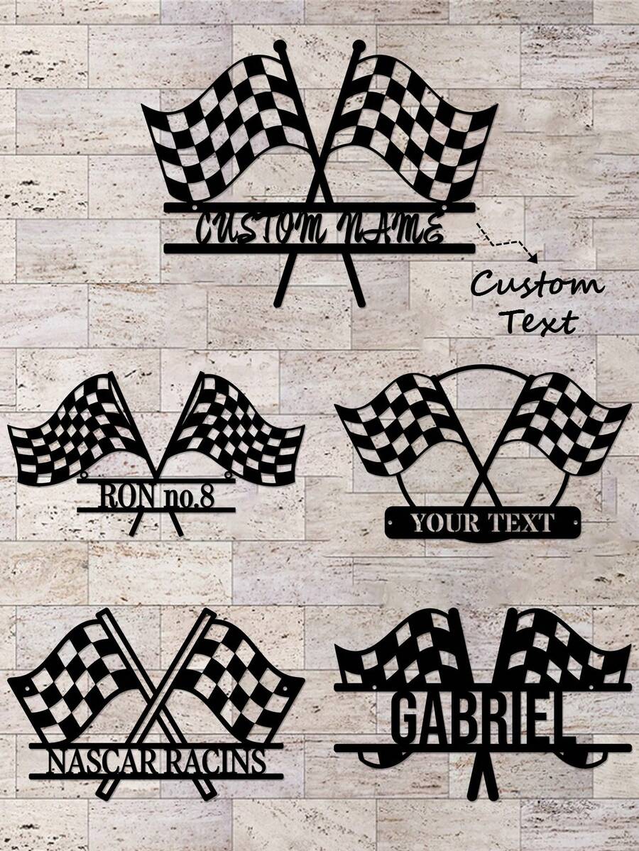 1pc Customized Racing Flag Metal Wall Decor - Personalized Name Racing Flag Metal Plaque - Customized Start And Finish Line Signs, Racing Driver Name Metal Signs, Checkered Flag Racing Club Logo, Race Decoration, Racing Sports Wall Decor