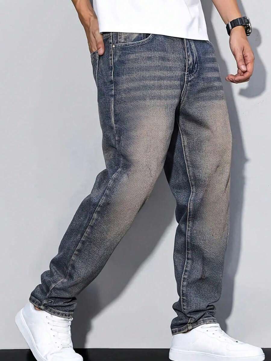 Teen Boy Pocket Straight Loose Casual Jeans, Simple & Fashionable - Medium Wash - View 1