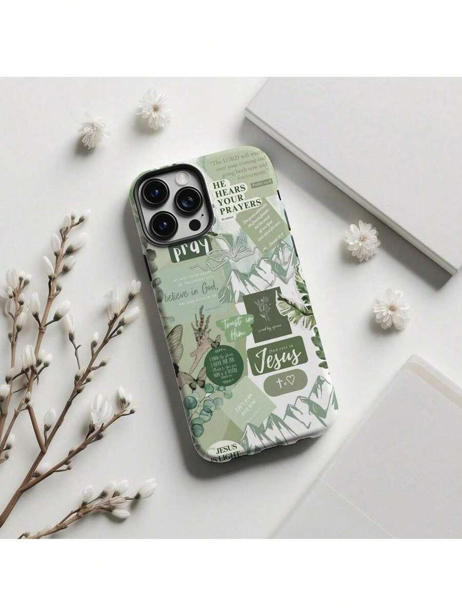Green Christian Bible Verse Collage Phone Case God Is Love Floral Jesus Faith Over Fear For IPhone 17 16 15 14 13 12 11Suitable For IPhone 17 Air - 白色1 - 查看 1
