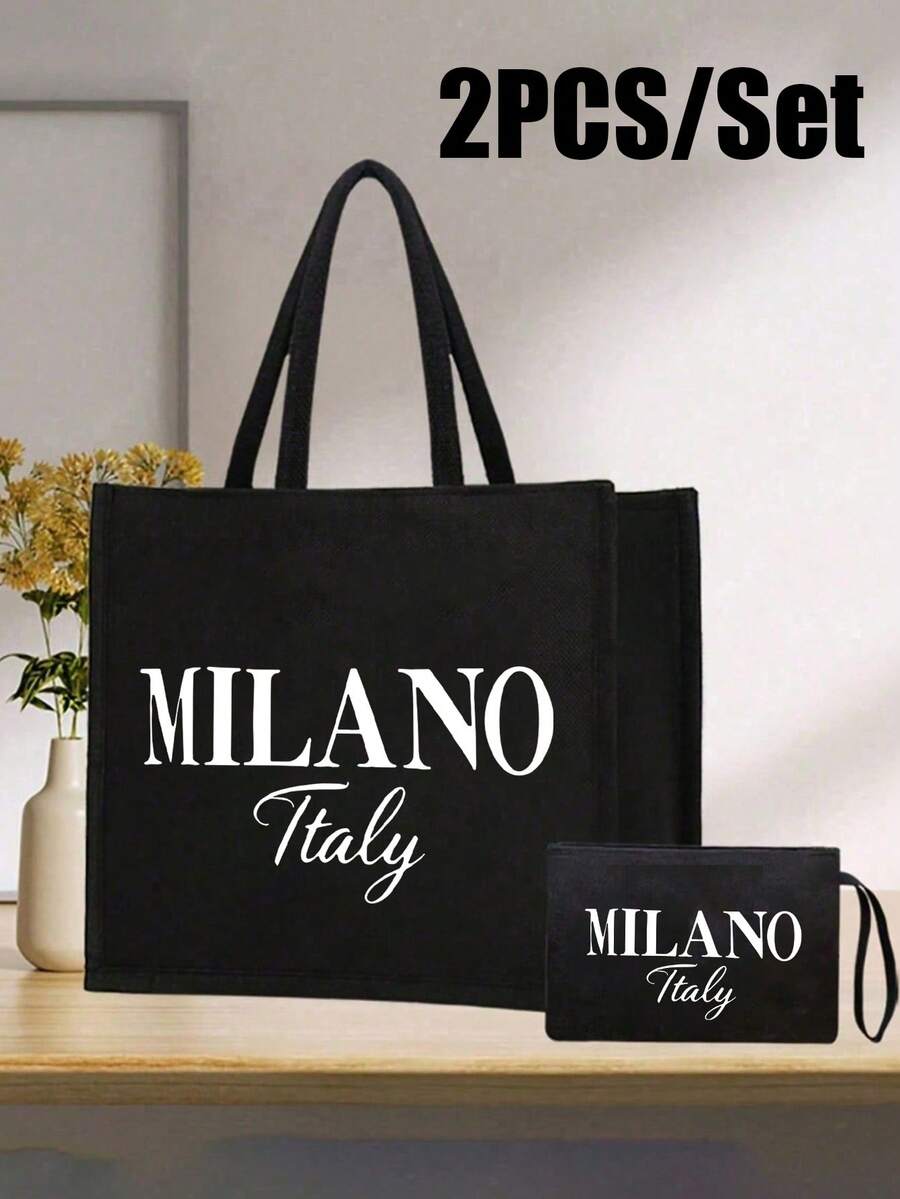两件套亚麻手提袋,包含一个印有“意大利米兰”字样的手提袋和一个字母花卉图案的小手提袋,可定制礼品包装,适合婚礼、生日、海滩、节日等场合,是送给女性、母亲、教师、朋友、伴娘、学生和返校季的完美礼物。 - 彩色 - 查看 1