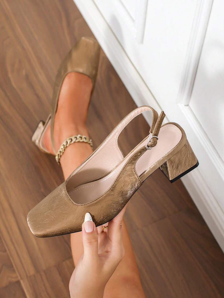 Women's Fashion Simple Square Toe Buckle Strap Chunky Heel Slingback Pumps, Casual Comfortable Versatile High Heels - Brown - View 1