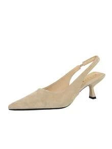 欧美风麂皮尖头高跟鞋，镂空酒杯鞋跟，女士平底套脚鞋，适合派对穿着 - 杏色 - 查看 11