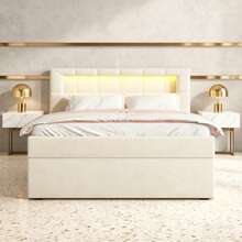 Flachbett 90x200 cm in Beige | Polsterbett mit Ambientelicht & verstellbarem Kopfteil | Einseitig öffenbarer Stauraum | Samtbezug im minimalistischen Design