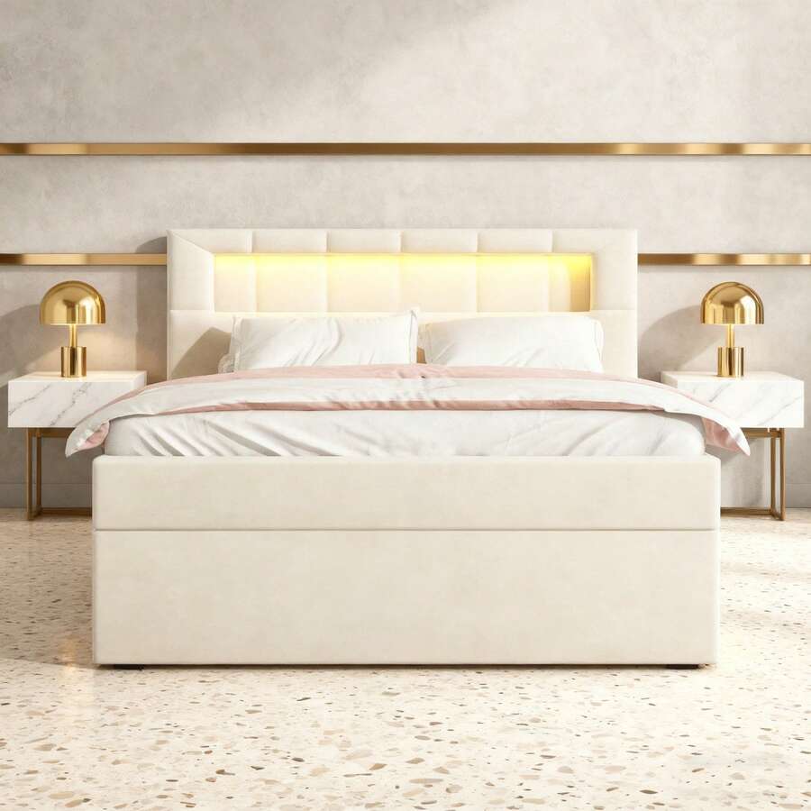 Flachbett 90x200 cm in Beige | Polsterbett mit Ambientelicht & verstellbarem Kopfteil | Einseitig öffenbarer Stauraum | Samtbezug im minimalistischen Design