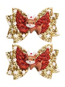 2件套女童/女婴金色圣诞发饰 - 3英寸闪亮皮革蝴蝶结和驯鹿装饰可爱发夹，适合刘海和日常佩戴
