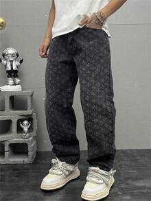 Jeans de corte recto y ajuste holgado, de cintura media, sin estiramiento, de estilo de moda callejera para hombres - Negro - Ver 1