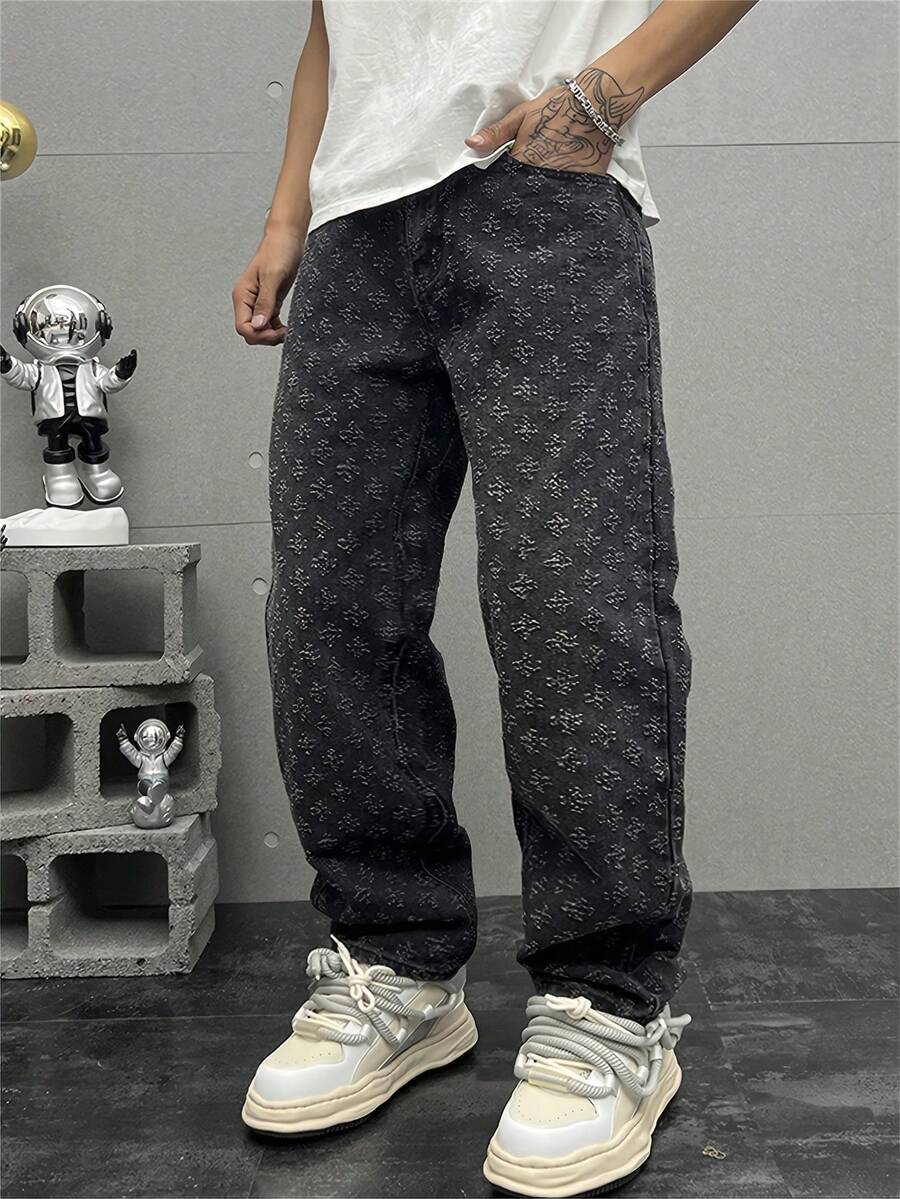 Jeans de corte recto y ajuste holgado, de cintura media, sin estiramiento, de estilo de moda callejera para hombres - Negro - Ver 1