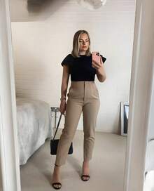 Pantalón con pinzas de vestir, Para dama, Cintura alta, Elegante, Formal, Oficina, Casual, Stretch. - Caqui - Ver 3