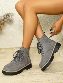 25 Grey Women's Chelsea Ankle Boots, Autumn/Winter, European And American Style Chunky Heel, Fashion Thick Sole Combat Boots, Suede Thick Sole Lace-Up Retro Boots - Grey - View 5