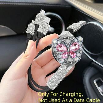 Bling Bling Car Charger, Diamond 3-In-1 Retractable Charging Cable, USB Charging Cable, Fast Charging, Cute 3-In-1 Fast Charging Cable, Suitable For Women, Compatible With Apple, Etc. Phones, Dashcam, IPad, GPS, Perfect Gift For Holidays/Birthdays