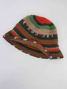 1pc Autumn Winter Maillard Color Bowknot Contrast Striped Polka Dot Hand-Made Crochet Knit Hat, Thick Four Seasons Rainbow Striped Knitted Fisherman Bucket Hat For Women, Fashionable Christmas