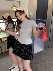 复古华夫格纹高腰碎花半身裙，秋季女装 - 黑色 - 查看 2