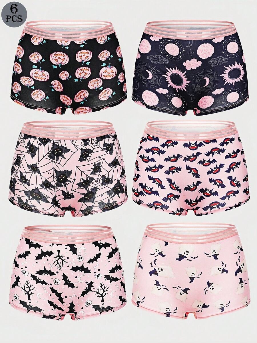 Dircho 6条装女士哥特骷髅印花撞色包边平角内裤，舒适柔软，弹力腰带，女士内衣裤 - 彩色 - 查看 1