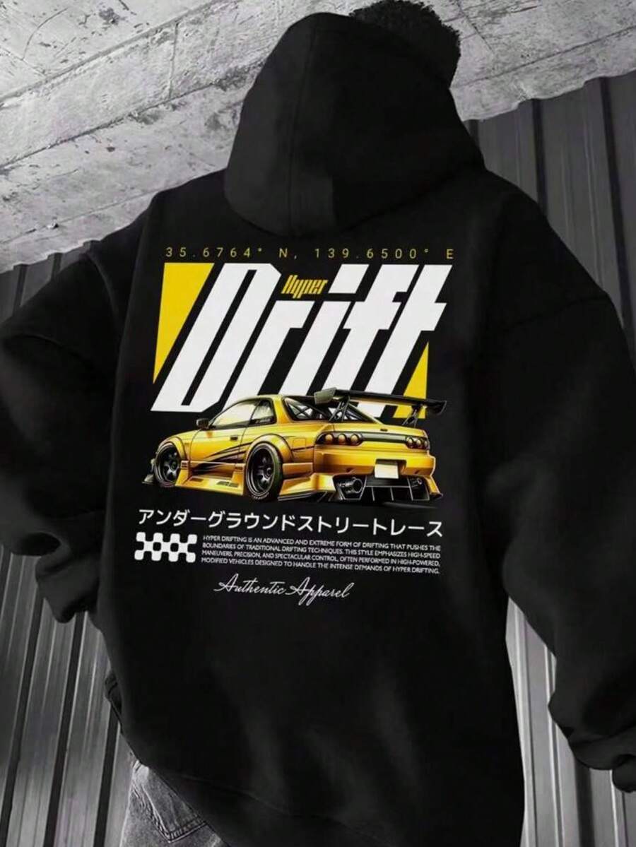 250g Polyester Fiber Men's Hooded Sweatshirt With Long Sleeved ,Y2K  Hyper Drift Racing Car Pattern Print, Fashionable And Loose Casual Fleece Sweatshirt Suitable For Autumn And Winter Wear On The Street - màu đen - Xem 1