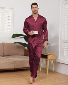 BigKing Conjunto de Pijama de satén de Seda para Hombre, Conjunto de Pijama para Hombre, Suave, Manga Larga, Abotonado - Burdeos - Ver 9