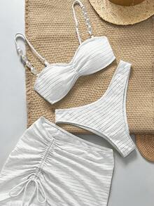 Bikinx Women's 3-Piece Vacation Set, Solid Color Textured Fabric Bikini Swimsuit, Side Drawstring Mini Skirt - Beige - View 2