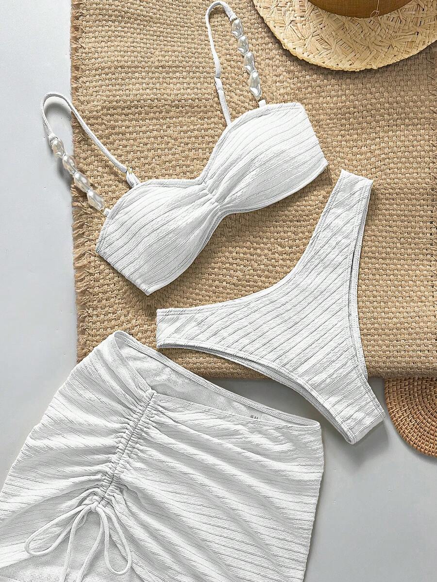Bikinx Women's 3-Piece Vacation Set, Solid Color Textured Fabric Bikini Swimsuit, Side Drawstring Mini Skirt